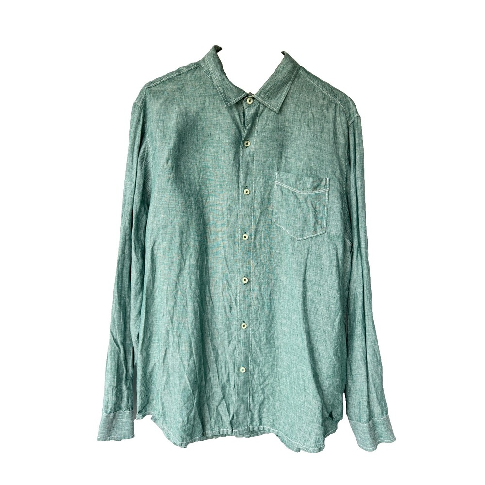 Tommy Bahama Linen Button Up Shirt Mens Large Teal Green Coastal Beachy Tropical